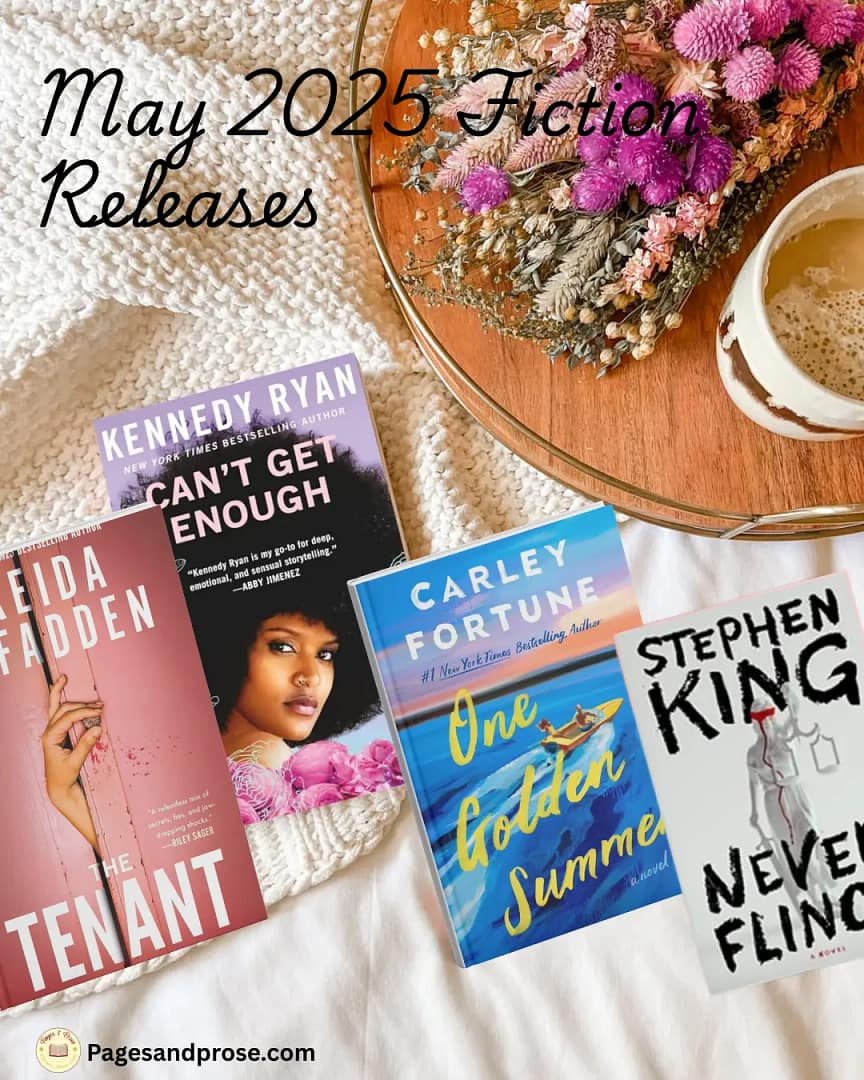 Stack of May 2025 new fiction books on a spring-themed table