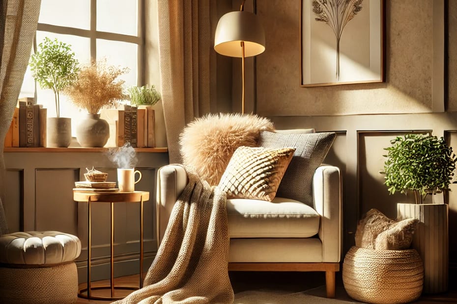 Cozy reading nook with a comfortable armchair, soft throw blanket, natural light, and a warm ambiance.