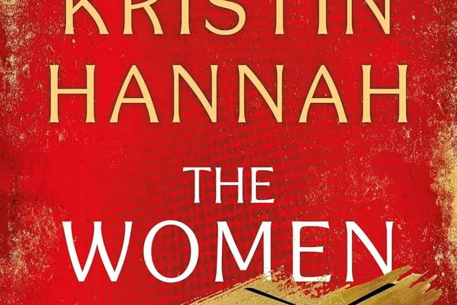 Cover of "The Women" by Kristin Hannah, featuring a red background with gold brushstrokes, a silhouette of a helicopter, and palm trees.