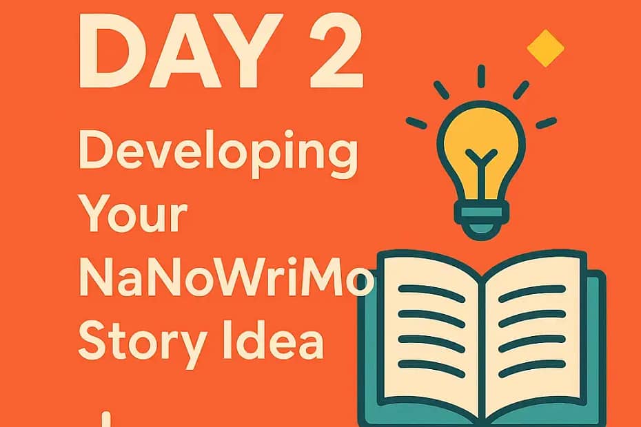 A digital graphic announcing Day 2 of the NaNoWriMo day 2 challenge with a motivational quote and writing-themed visuals