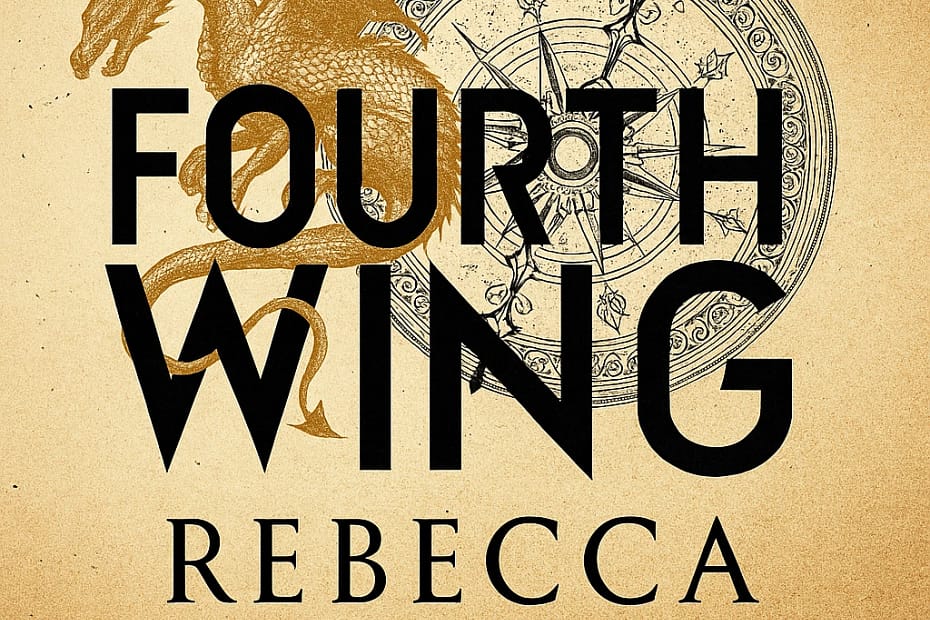 A fantasy book cover for "Fourth Wing" by Rebecca Yarros, featuring a golden dragon over a vintage compass design on a beige background.